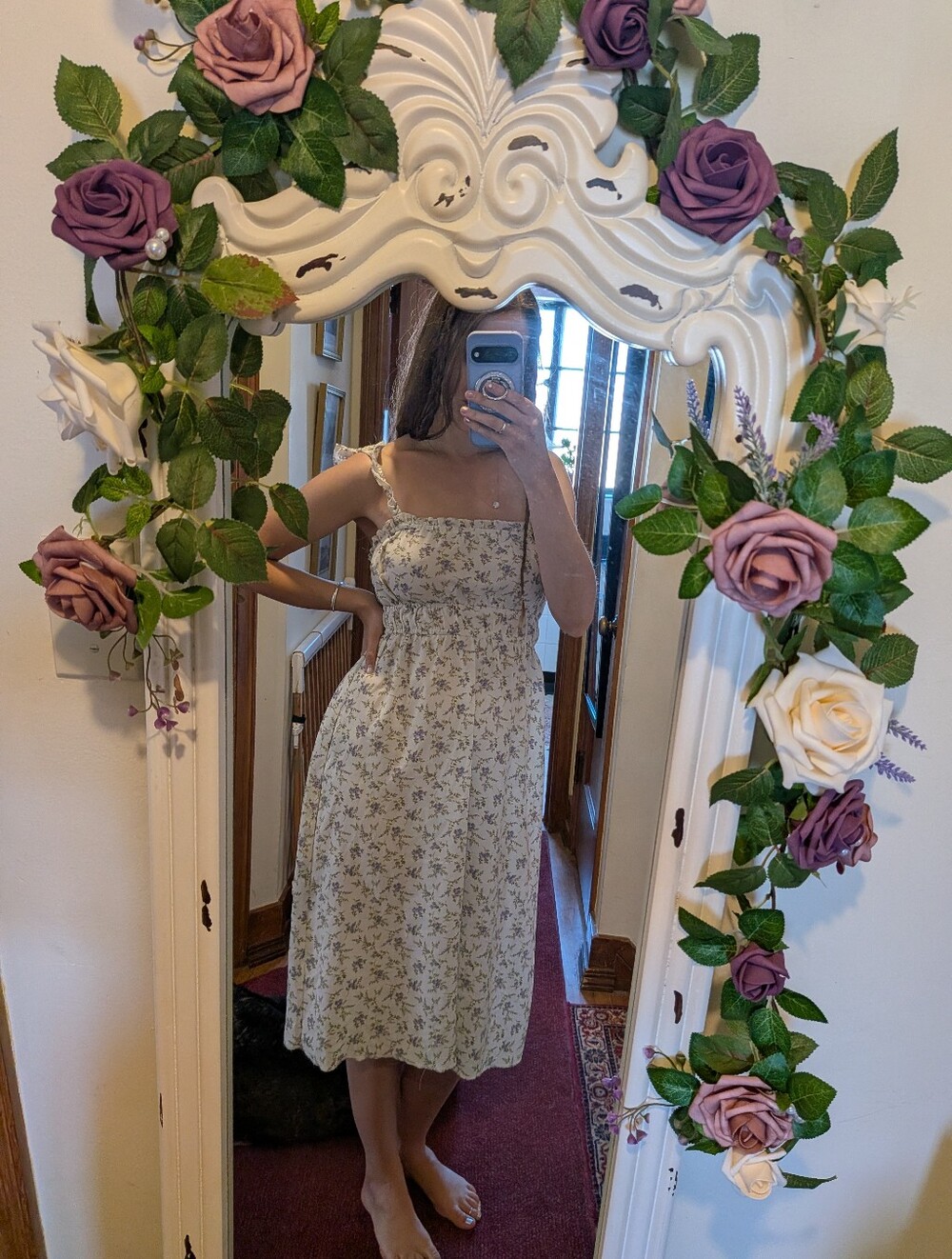 Lavender Print Mini Slip Dress. Milkmaid Top